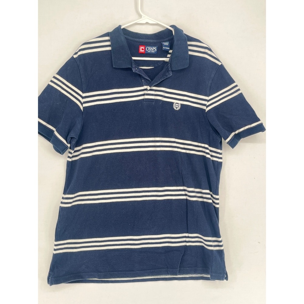 Chaps Mens Polo Shirt XL Navy Blue White Striped Short Sleeve Cotton Pique 3012